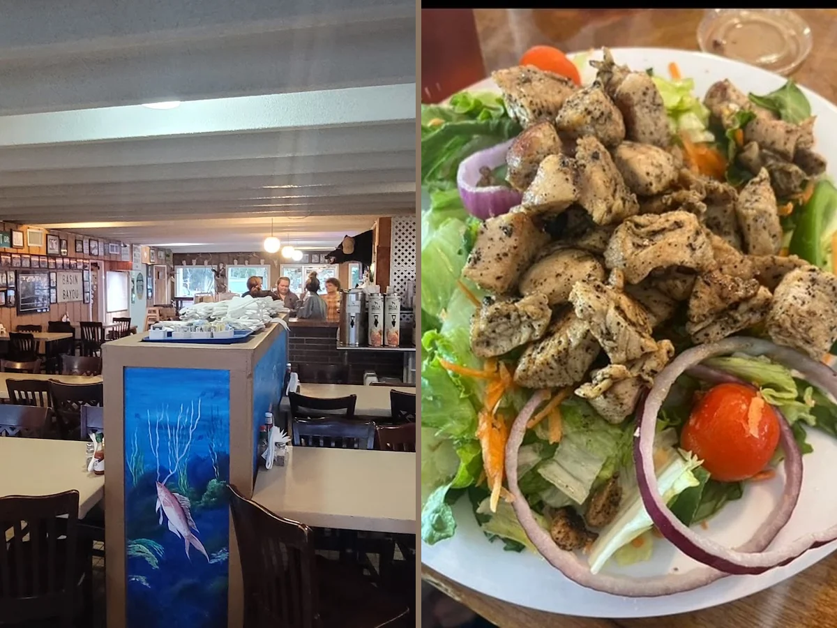 Seafood plates beside a waterfront dining room.