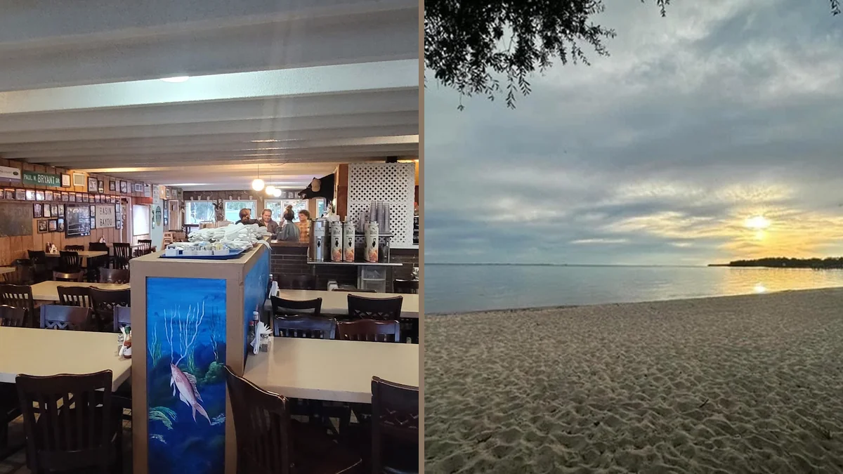 Waterfront restaurant tables near bright windows.