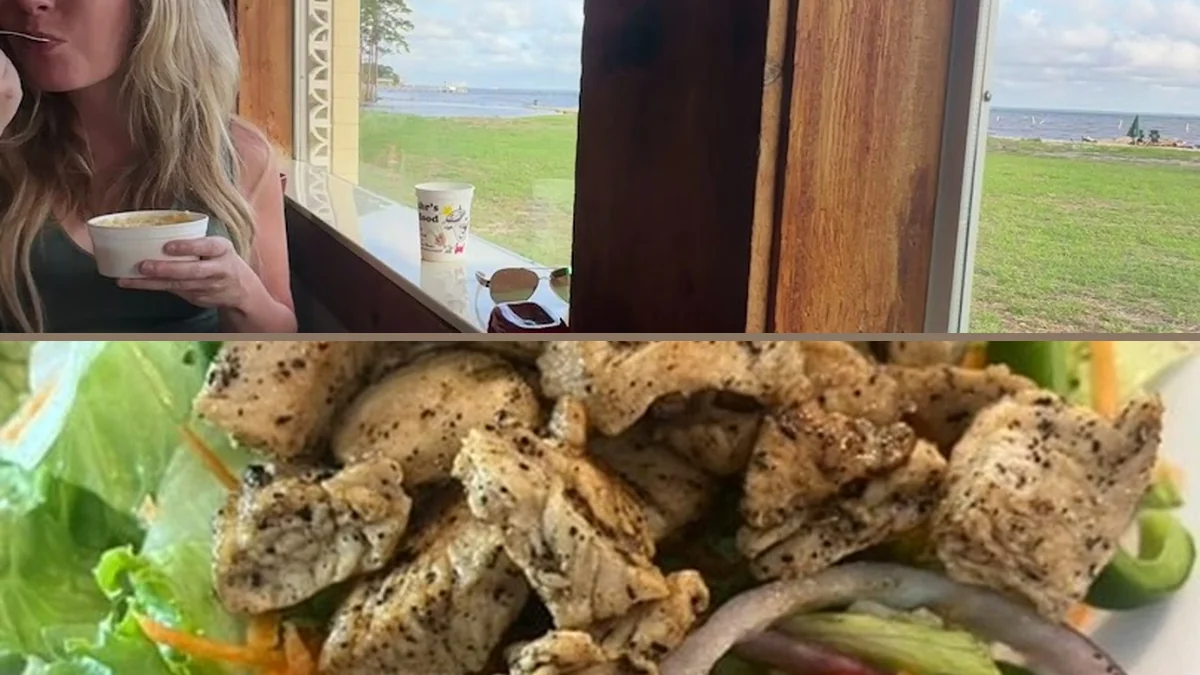 Seafood plates beside a waterfront dining room.