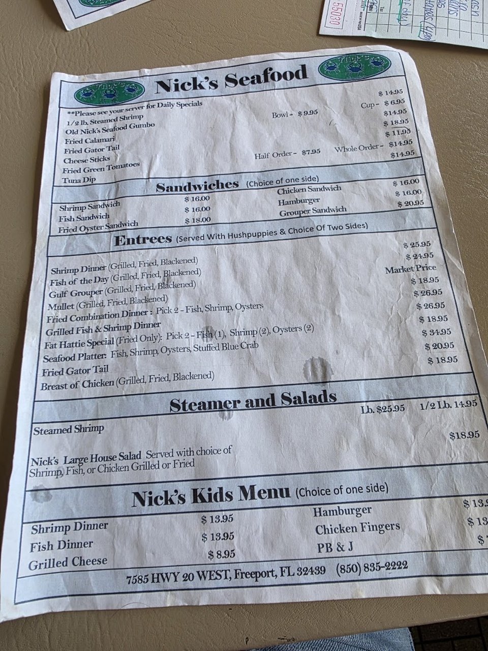 Seafood specials listed on a simple menu.